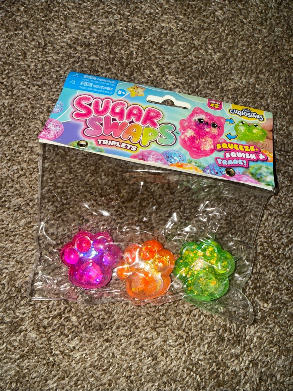 Sugar Swaps Triplets Glitter Paw Squeeze Toy Set - Pink, Orange, Green
